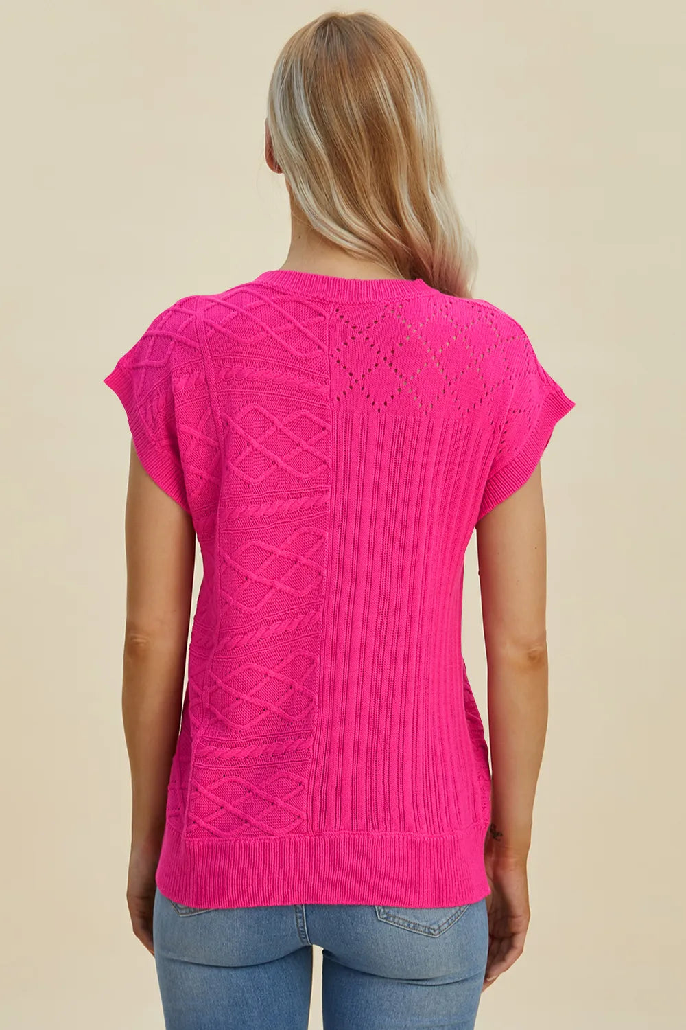 Double Take Full Size Cable-Knit Round Neck Cap Sleeve Sweater 