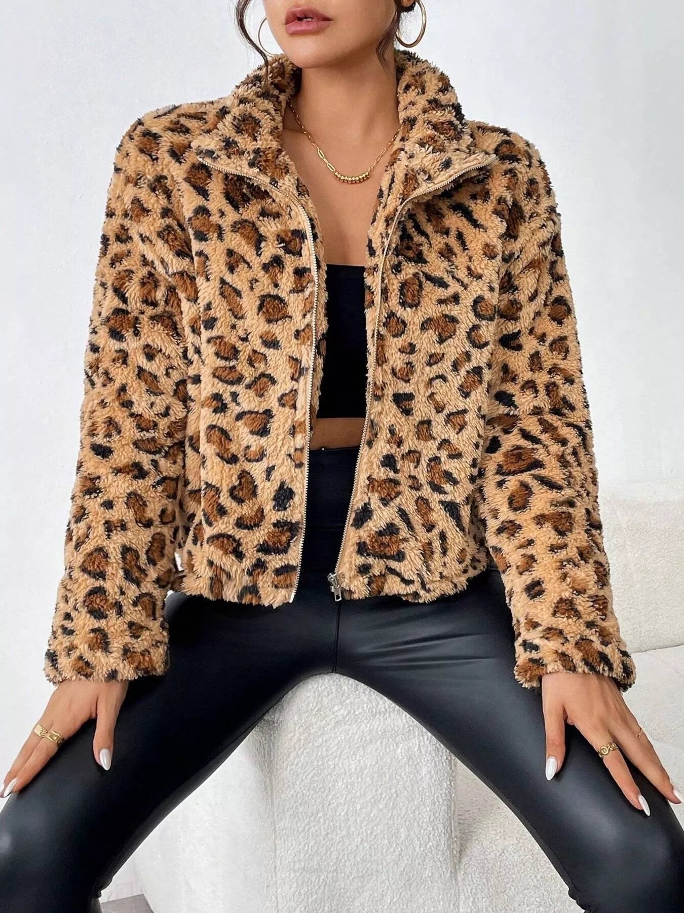Leopard Fuzzy Zip-Up Jacket 