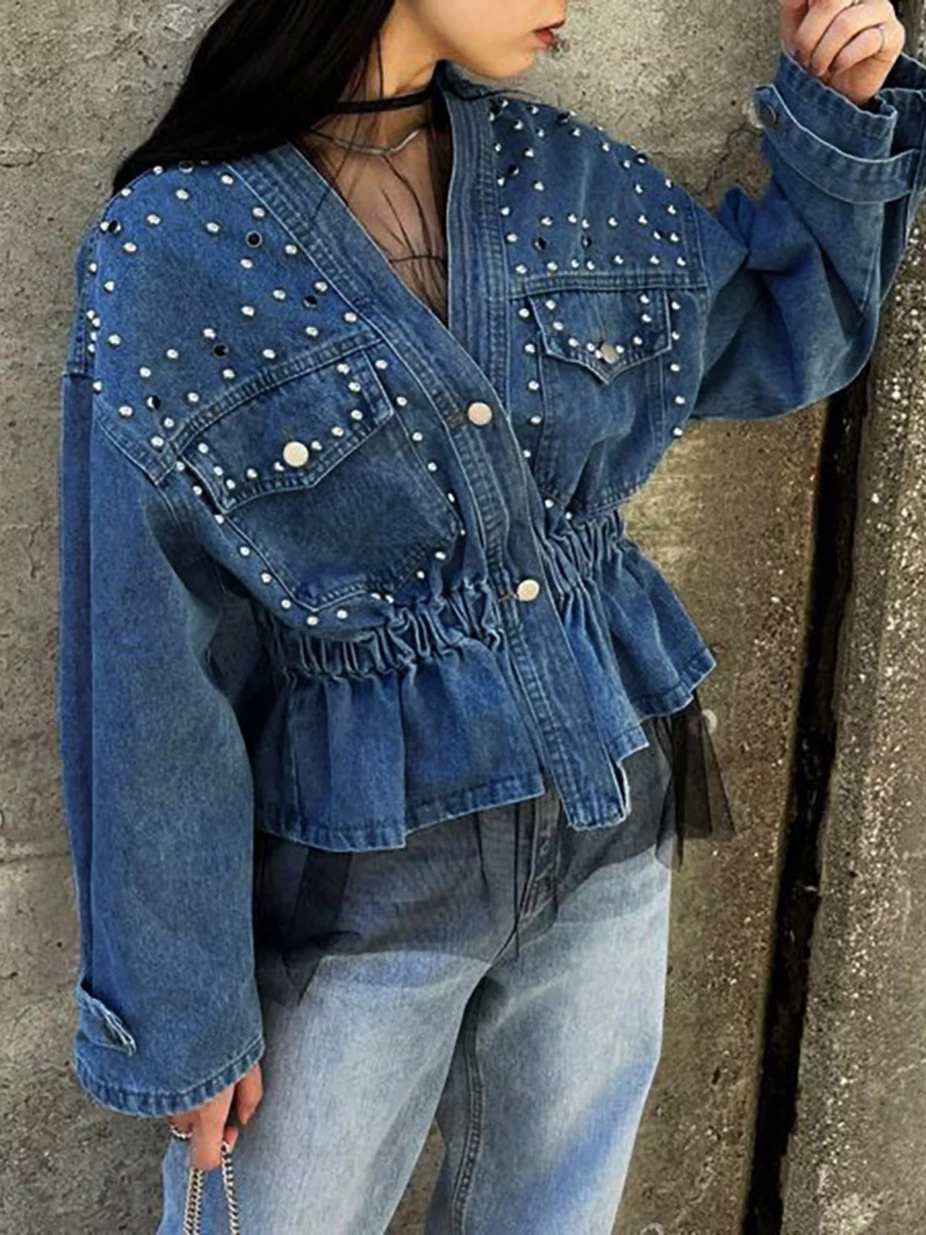 Studded Button Up Denim Jacket 