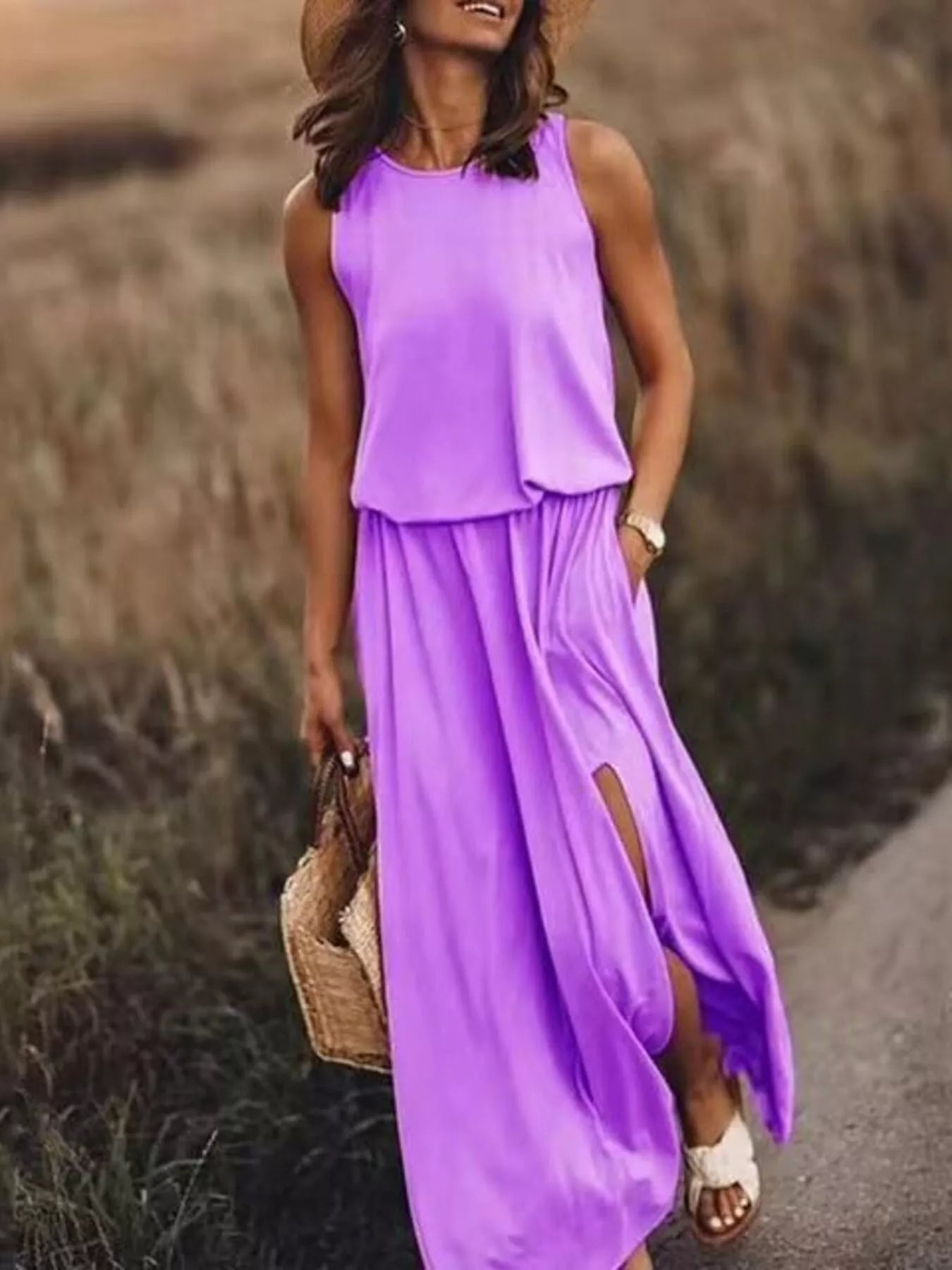 Full Size Round Neck Sleeveless Slit Maxi Dress Plus Size 