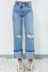 Distressed Straight Jeans with Pockets 