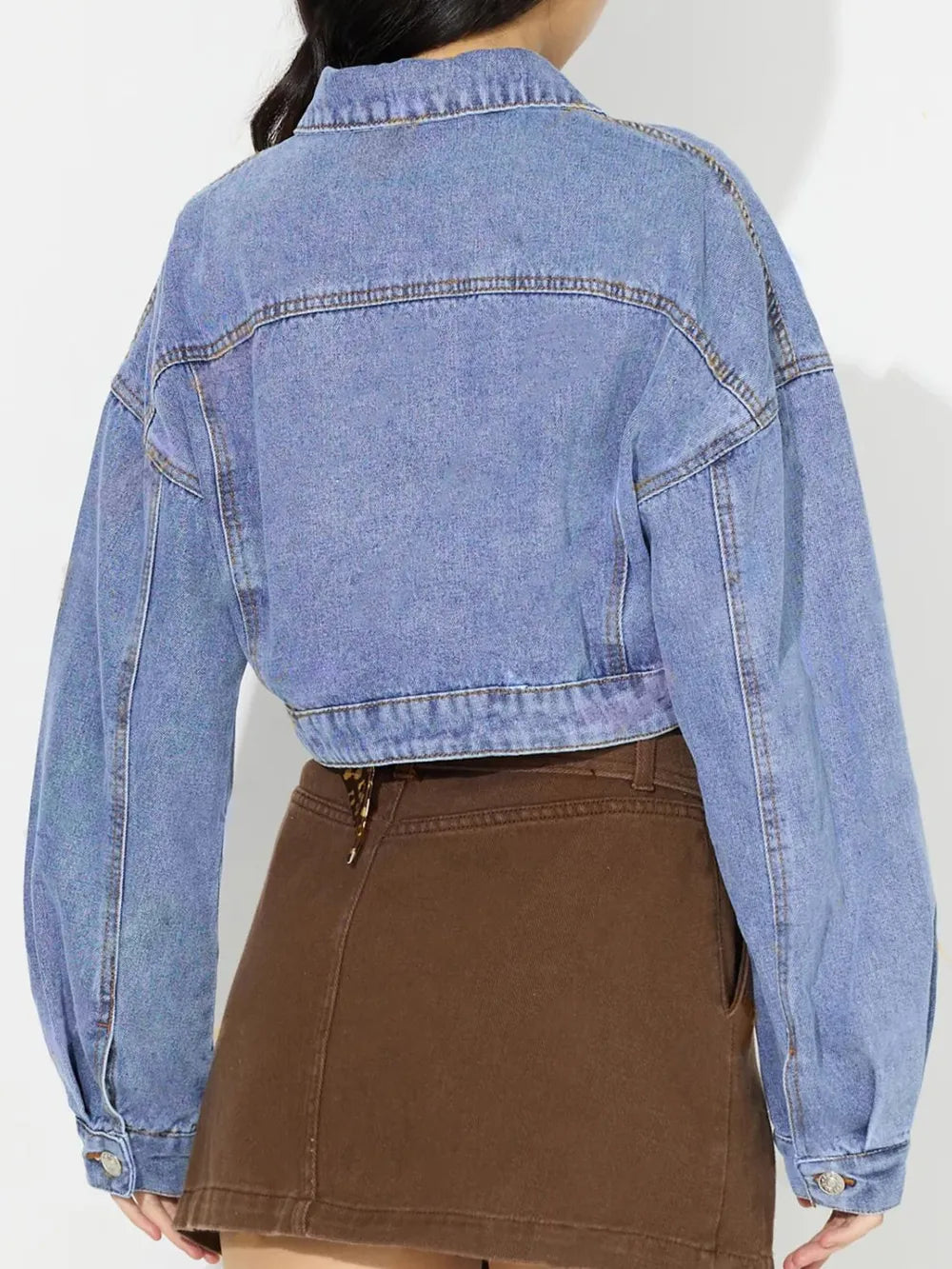 Collared Neck Dropped Shoulder Cropped Denim Top 
