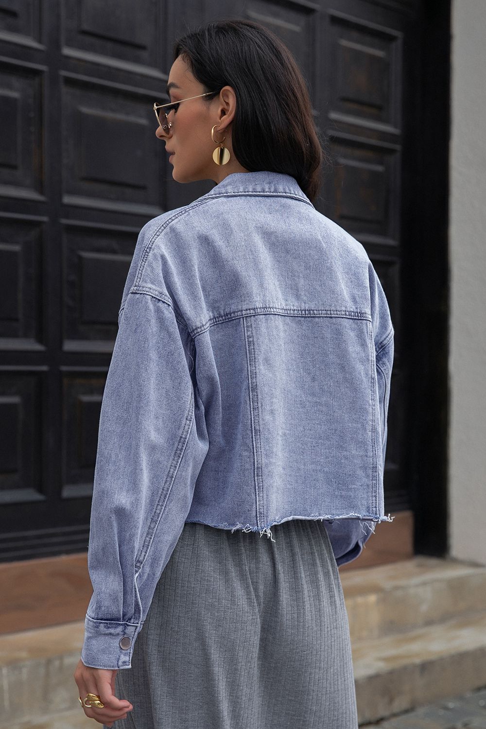 Lapel Collar Long Sleeve Denim Jacket 