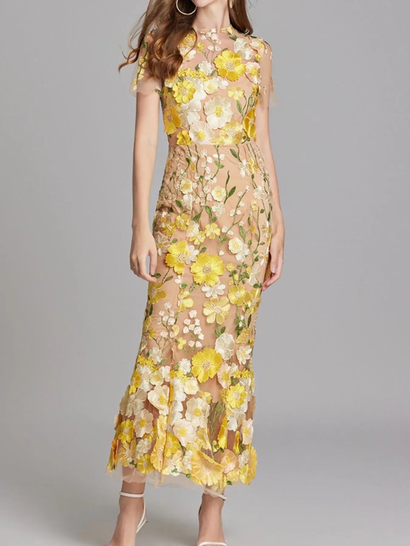 Floral Embroidered Mesh Overlay Maxi Dress 