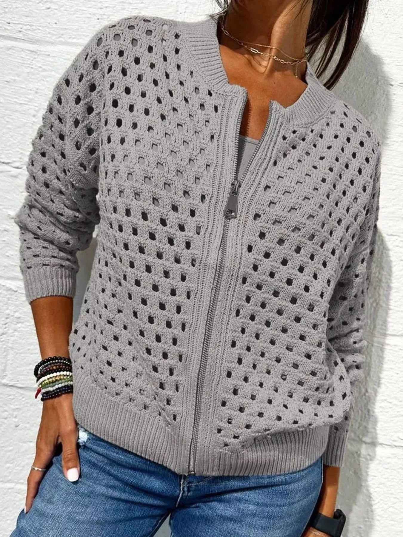 Full Size Zip Up Long Sleeve Cardigan with Eyelet Detail Plus Size 