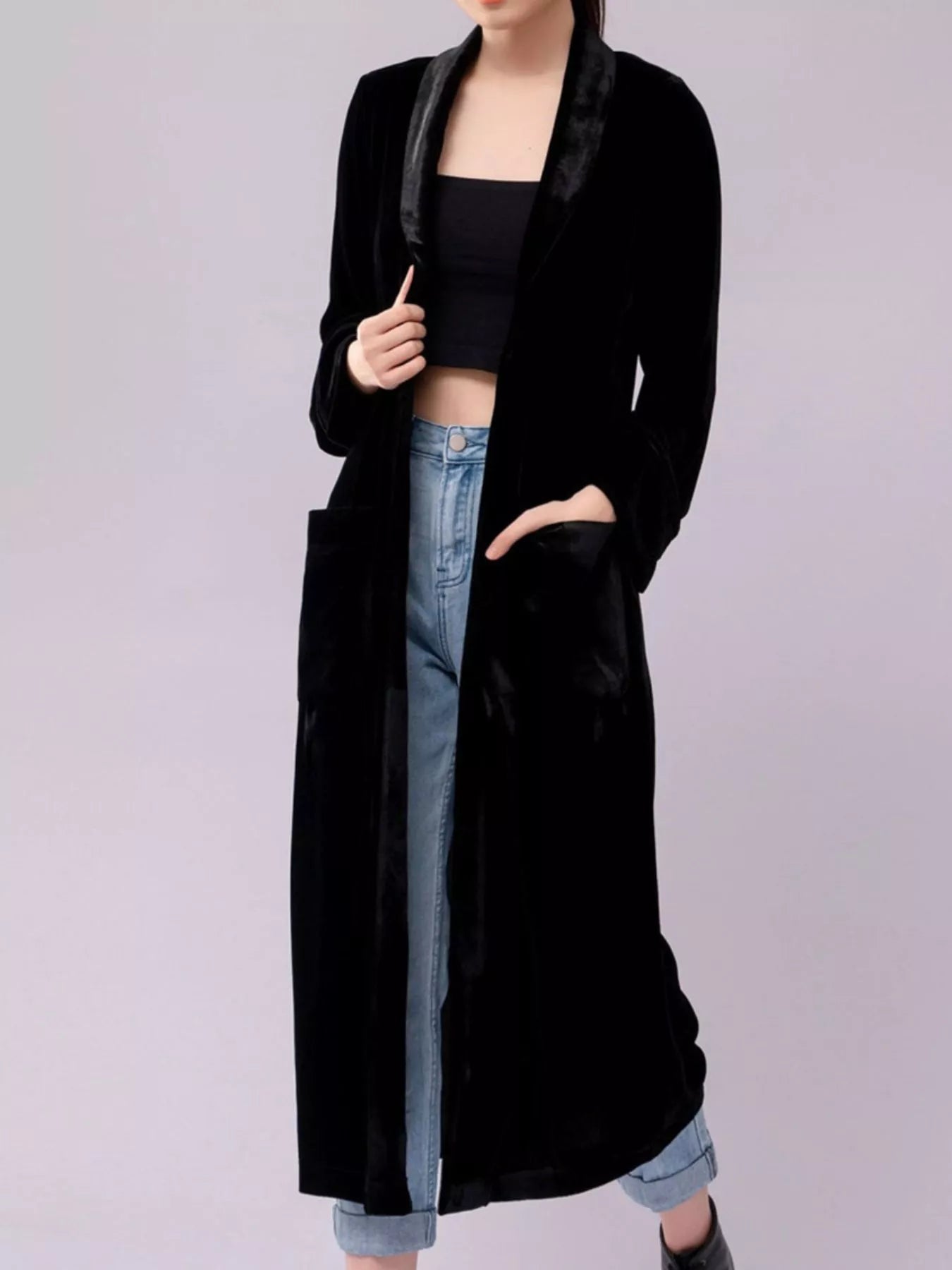 Velvet Lapel Collar Longline Coat 