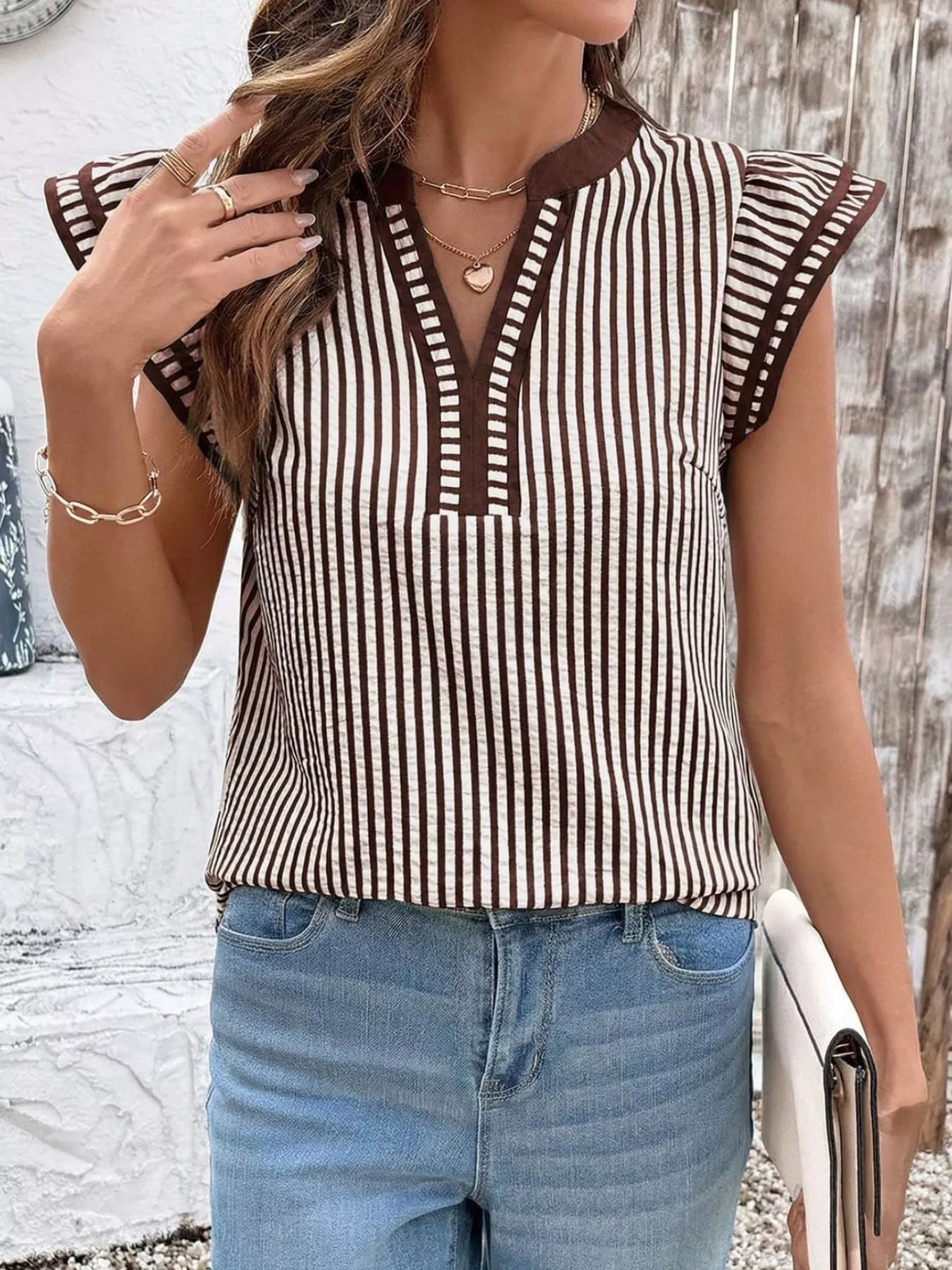 Striped Ruffle Sleeve Blouse 