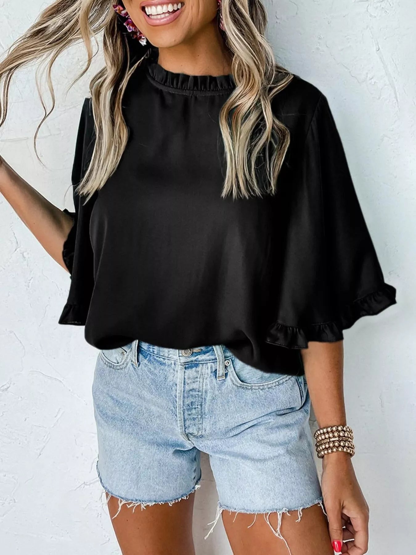 Ruffle Trim Half Sleeve Blouse 