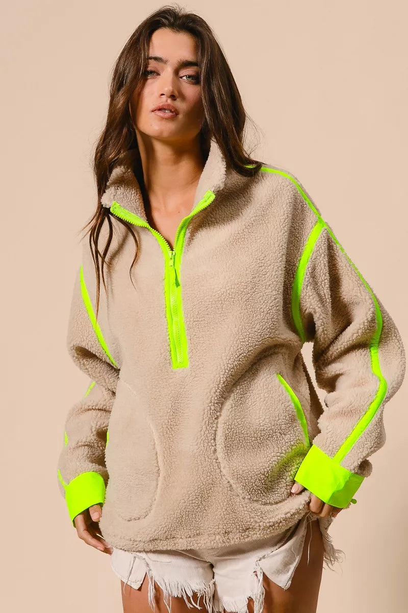 BiBi Contrast Edge Half Zip Up Sherpa Jacket 