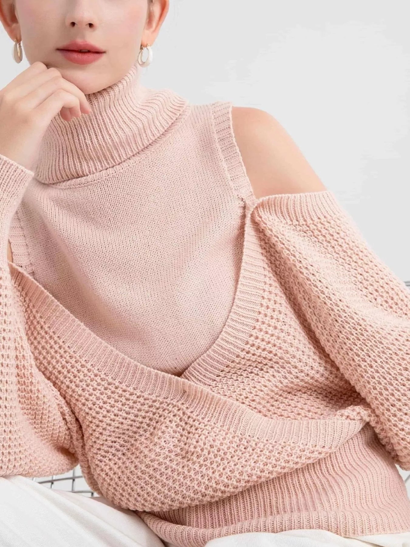Waffle Knit Cold Shoulder Turtleneck Sweater 