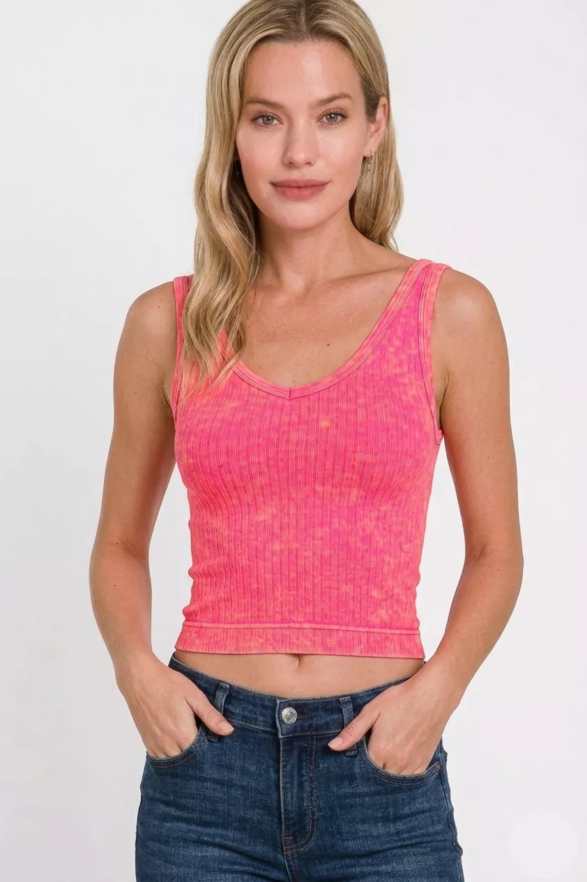 Zenana Washed Ribbed Seamless Cropped V-neck Tank Top 