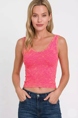 Zenana Washed Ribbed Seamless Cropped V-neck Tank Top 