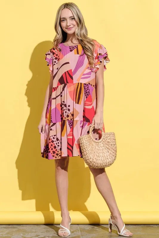 And The Why Printed Double Ruffles Sleeve Dress 