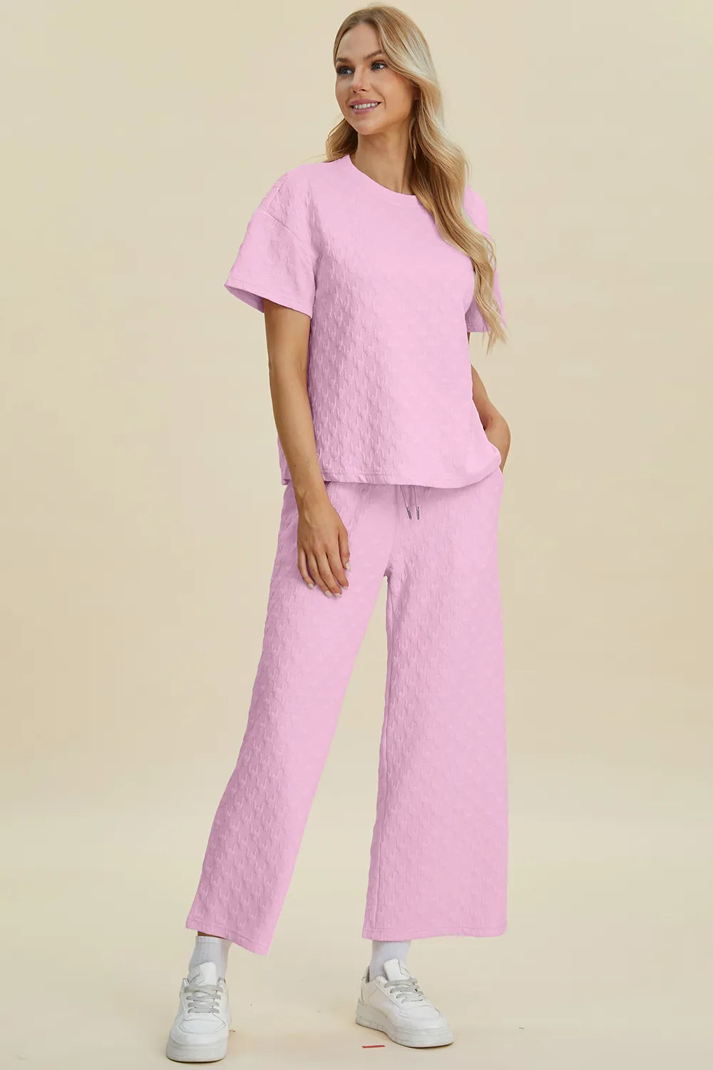 Double Take Full Size Texture Round Neck Short Sleeve Top and Pants Set 