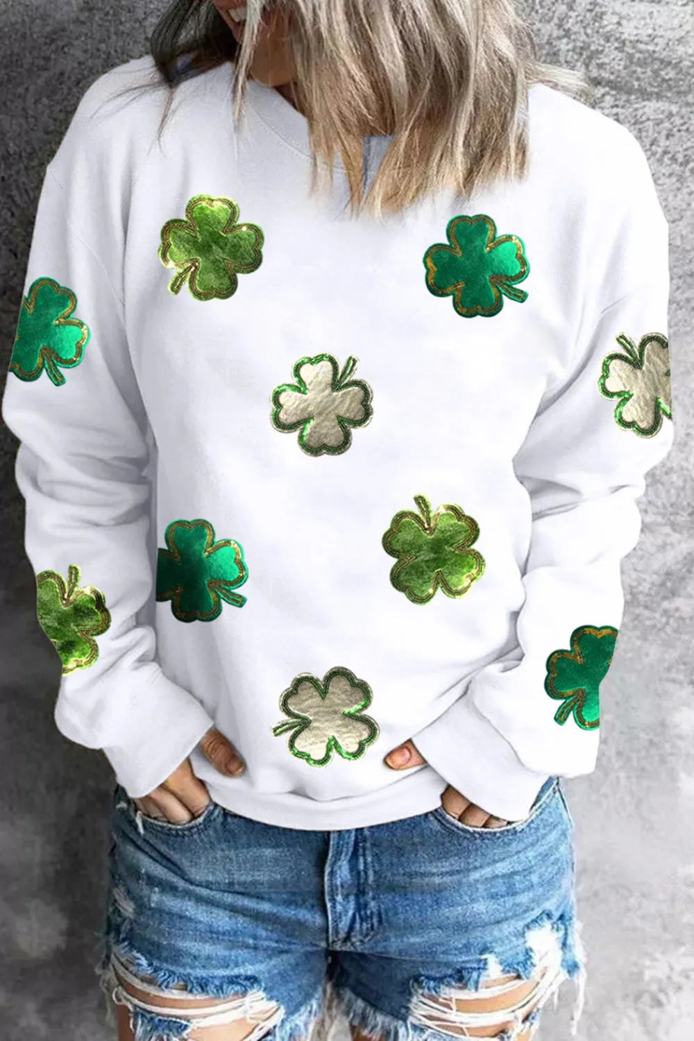 Lucky Clover Round Neck Long Sleeve Sweatshirt 