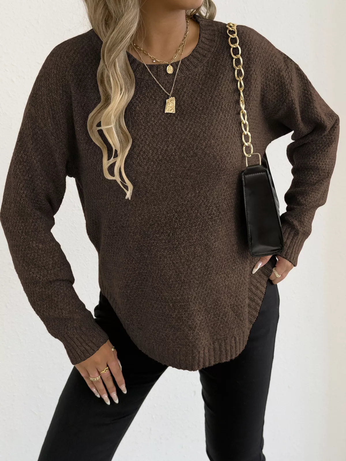Textured Knit Relaxed Fit Round Neck Sweater 