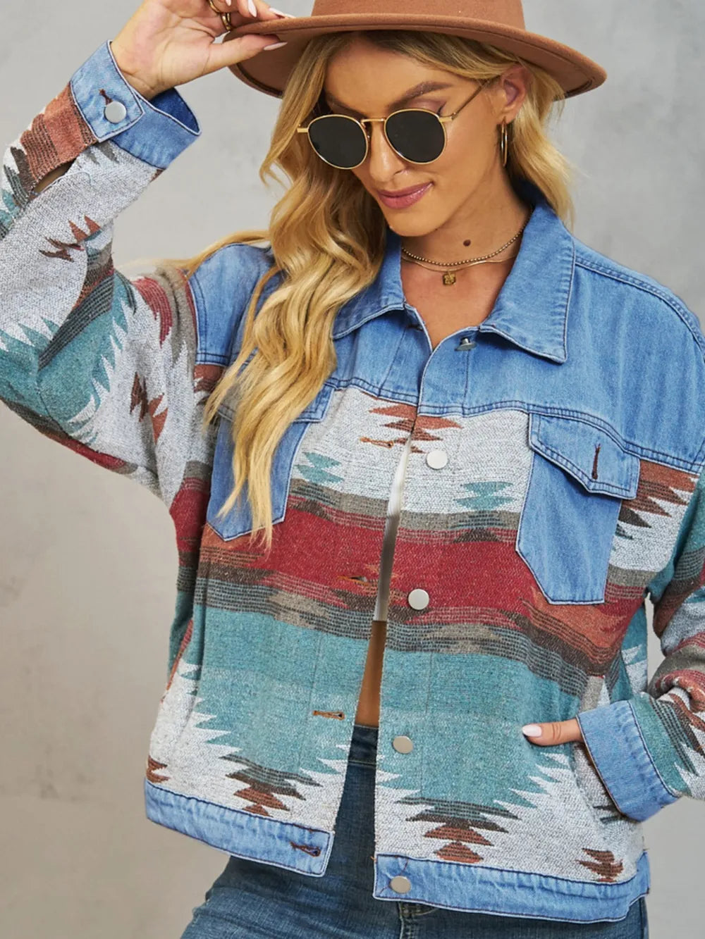 Geometric Button Up Dropped Shoulder Denim Jacket 