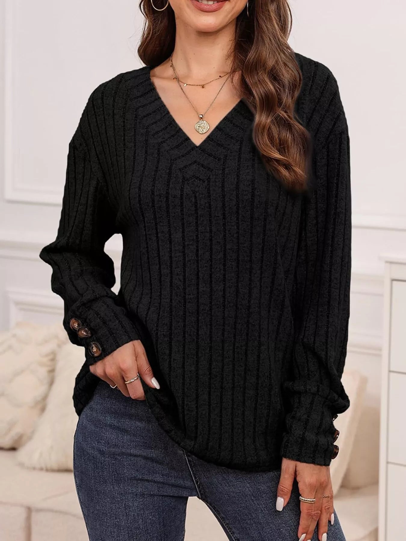 Ribbed V-Neck Long Sleeve Top 