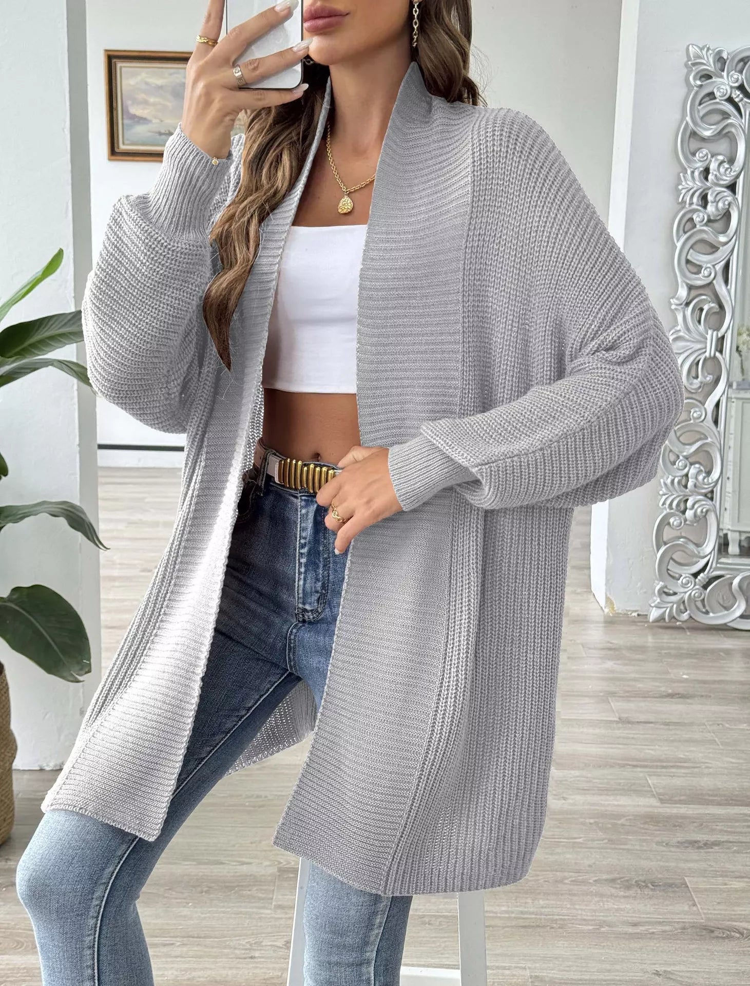 Open Front Ribbed Knit Cardigan 