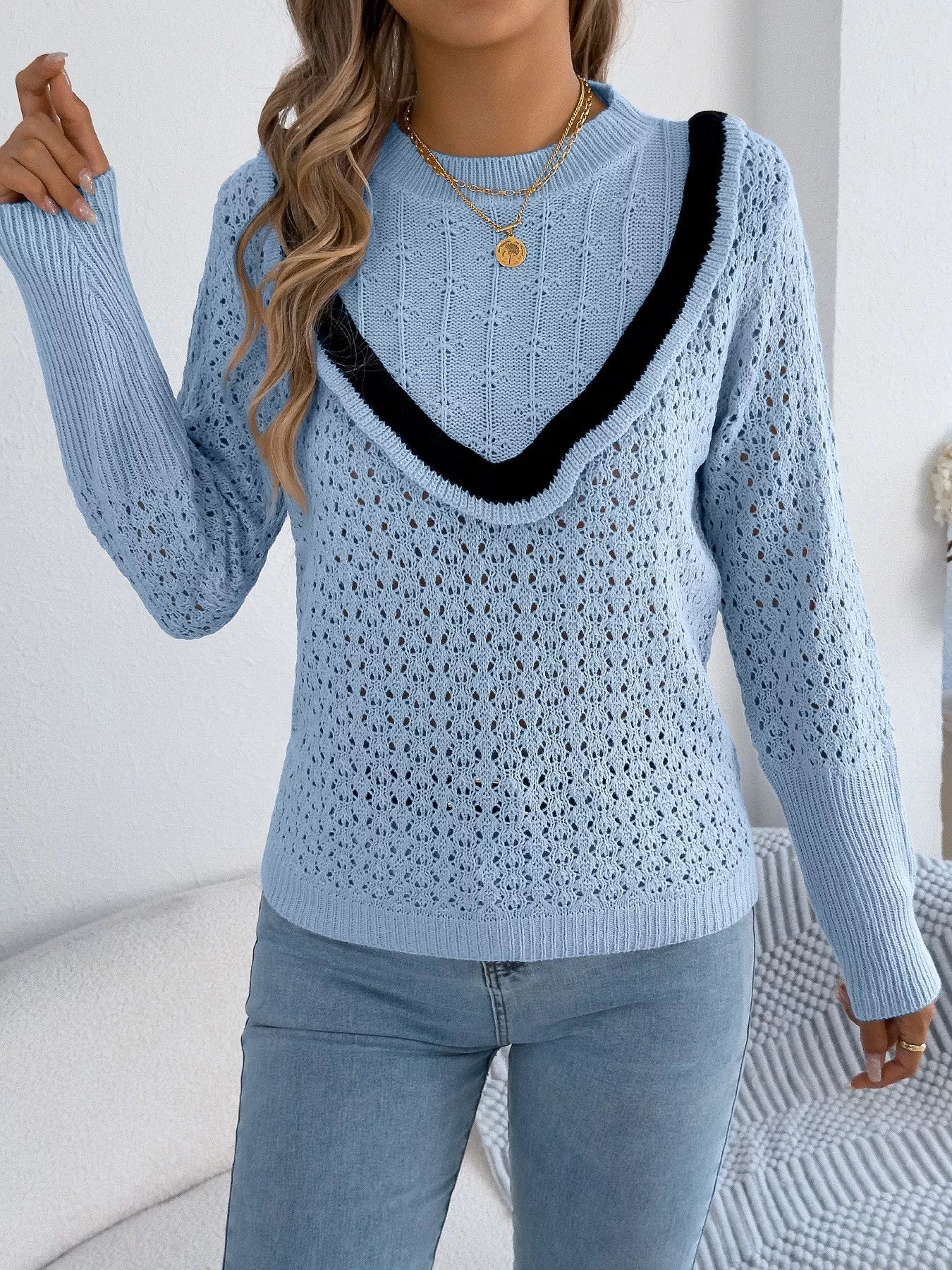 Hollow-Out Knit Top with Contrast Trim 
