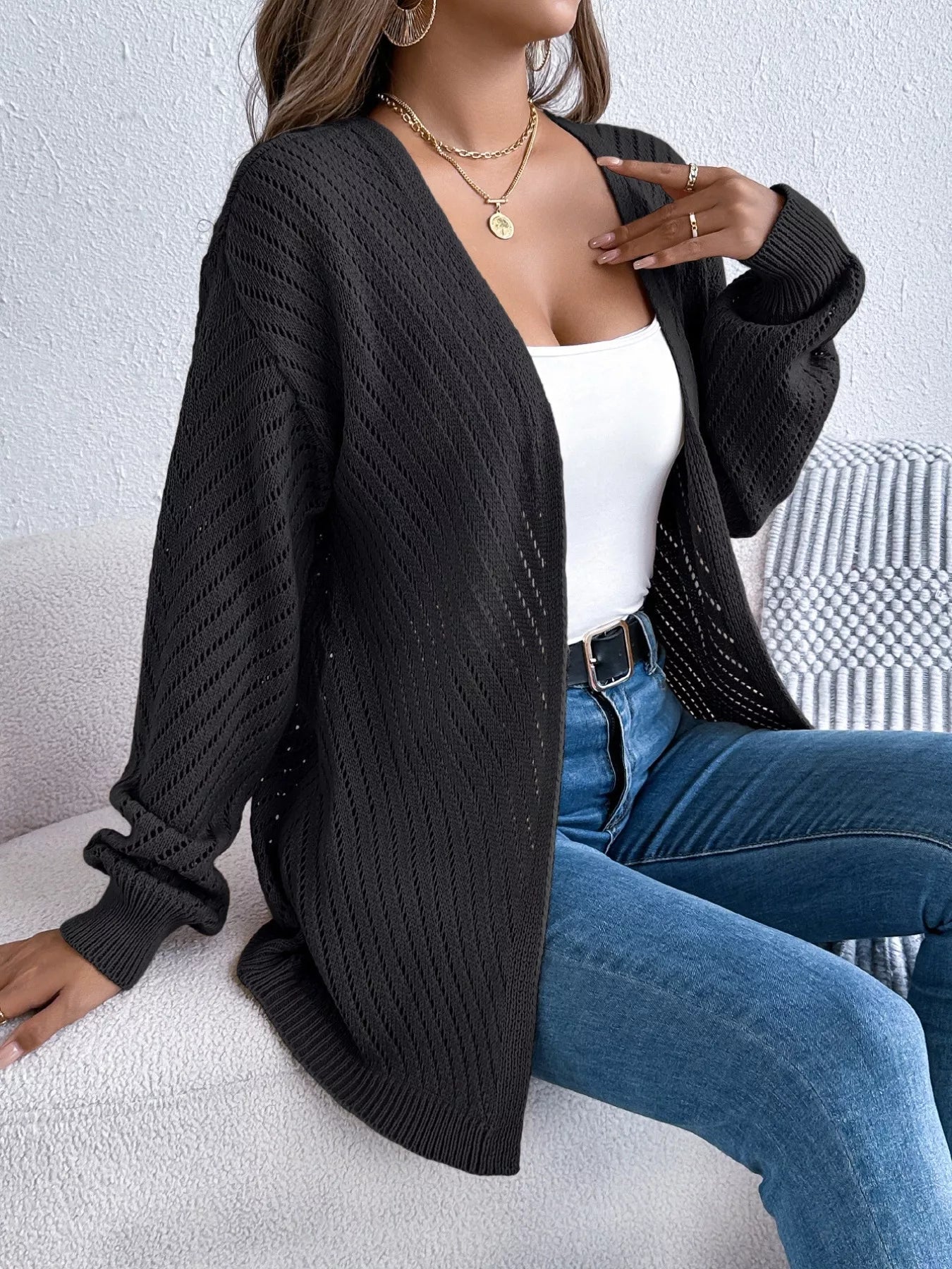 Openwork Open-Front Long Sleeve Cardigan 