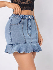 Ruffled Hem Denim Mini Skirt 