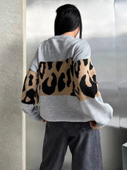 Leopard Color Block Round Neck Sweater 