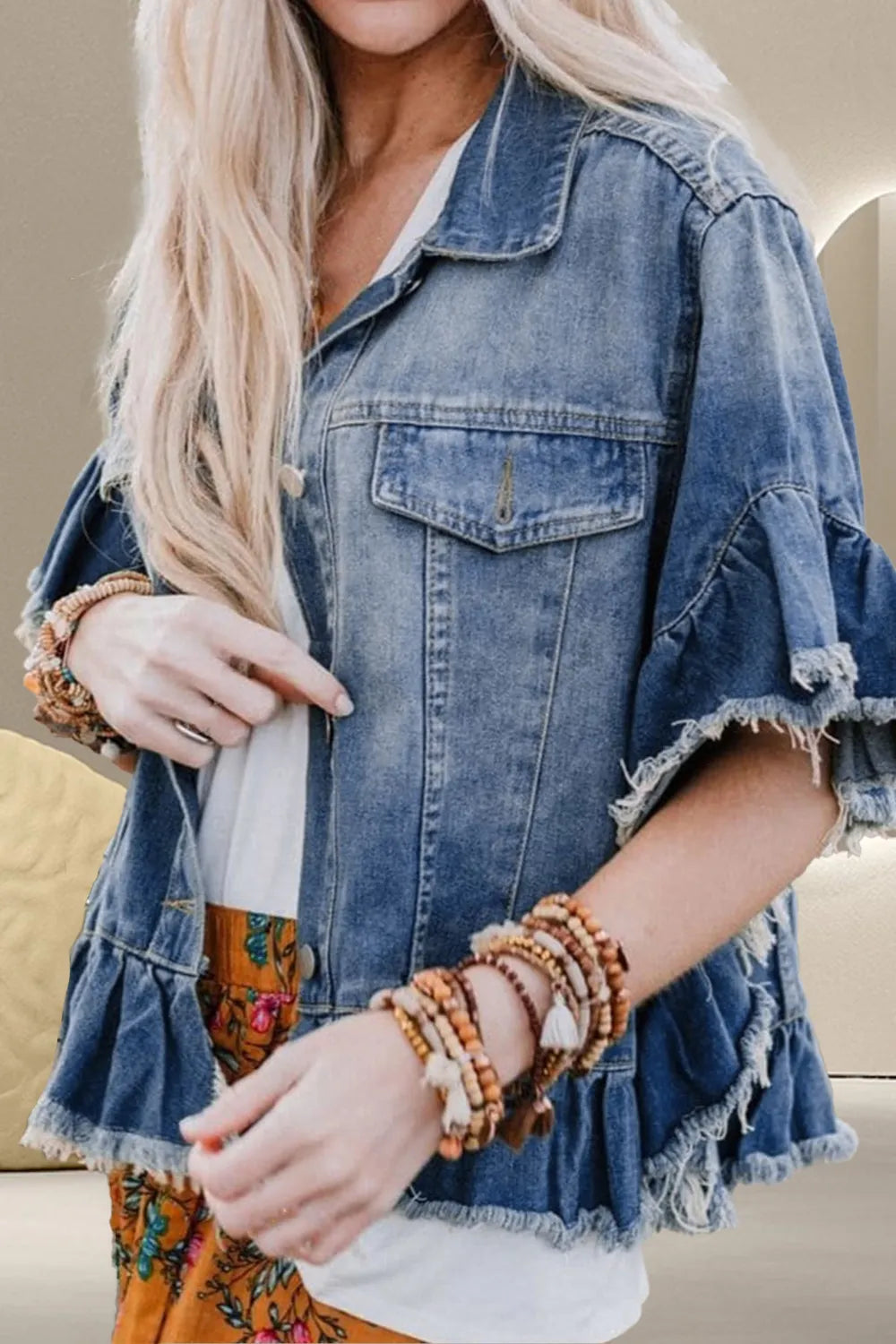 Ruffled Raw Hem Half Sleeve Denim Top 