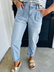 High Rise Barrel Relaxed Patch Pocket Jeans 