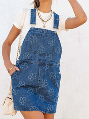 Flower Wide Strap Denim Overall Dress with Pockets 