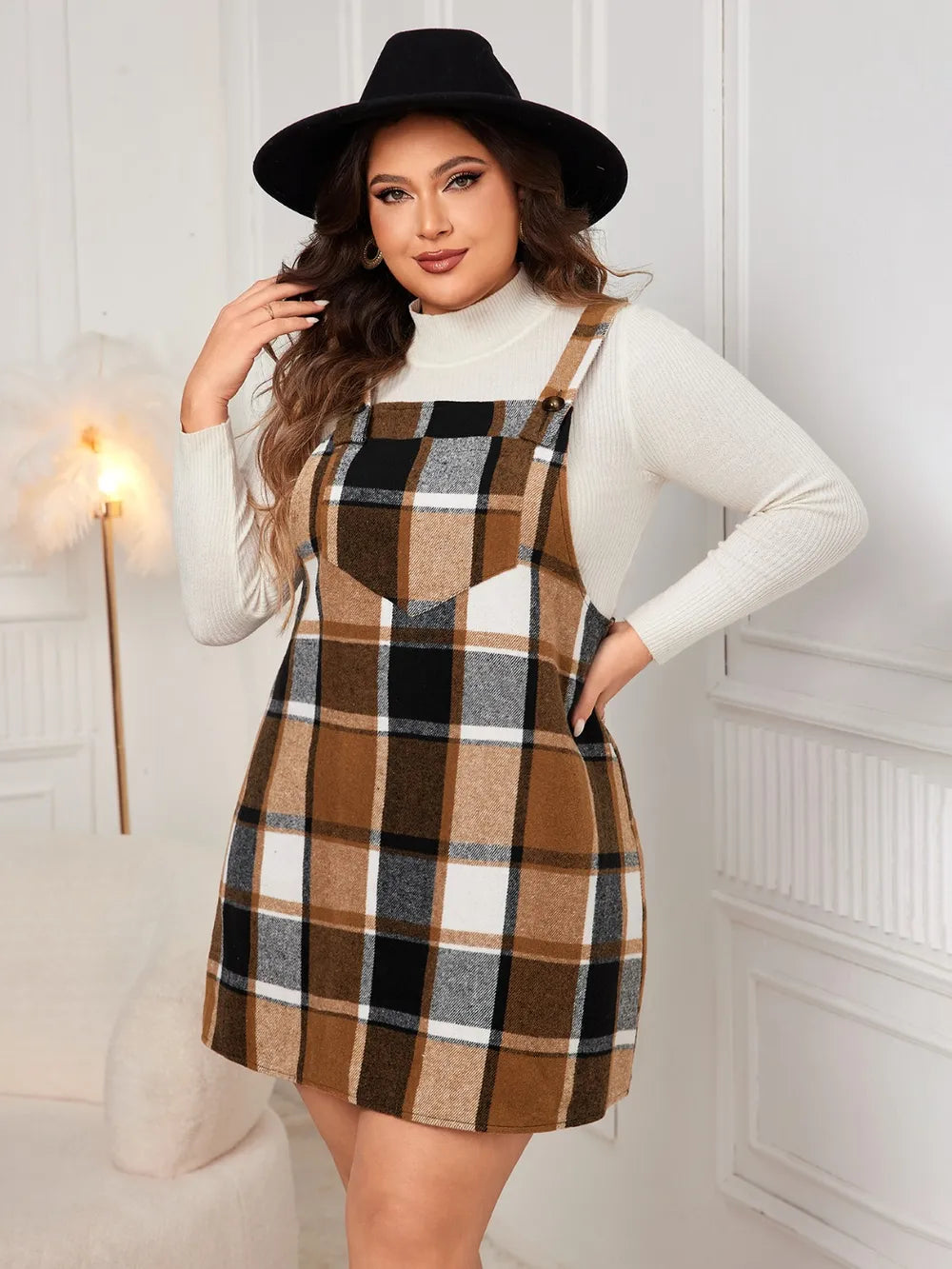Honey Plus Size Plaid Wide Strap Overall Dress 