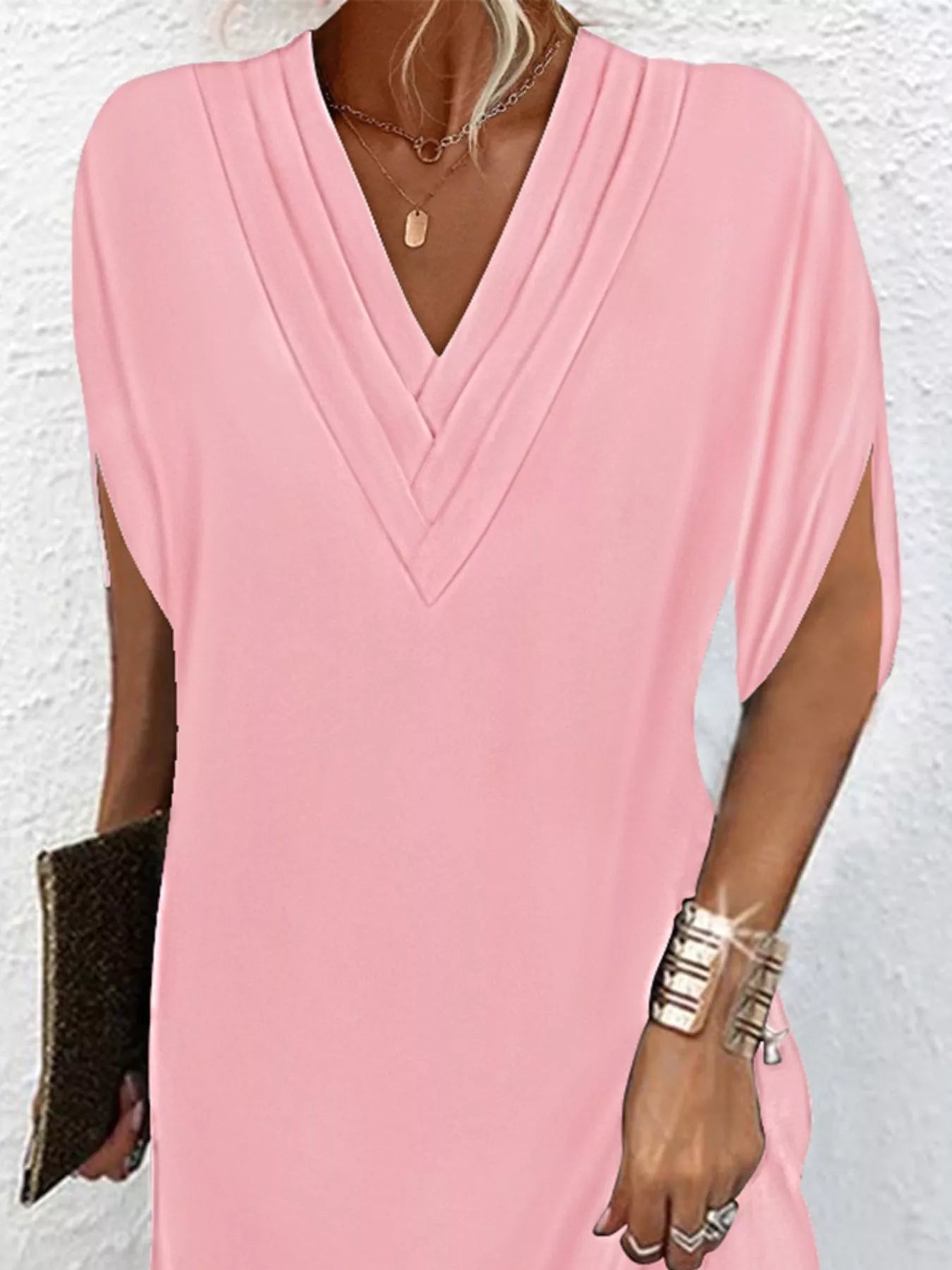 Full Size V-Neck Slit Sleeve Mini Dress Plus Size 