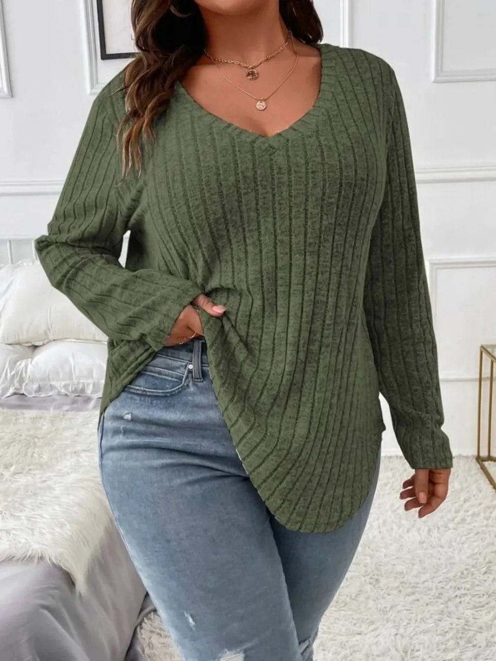 Plus Size V-Neck Long Sleeve T-Shirt 