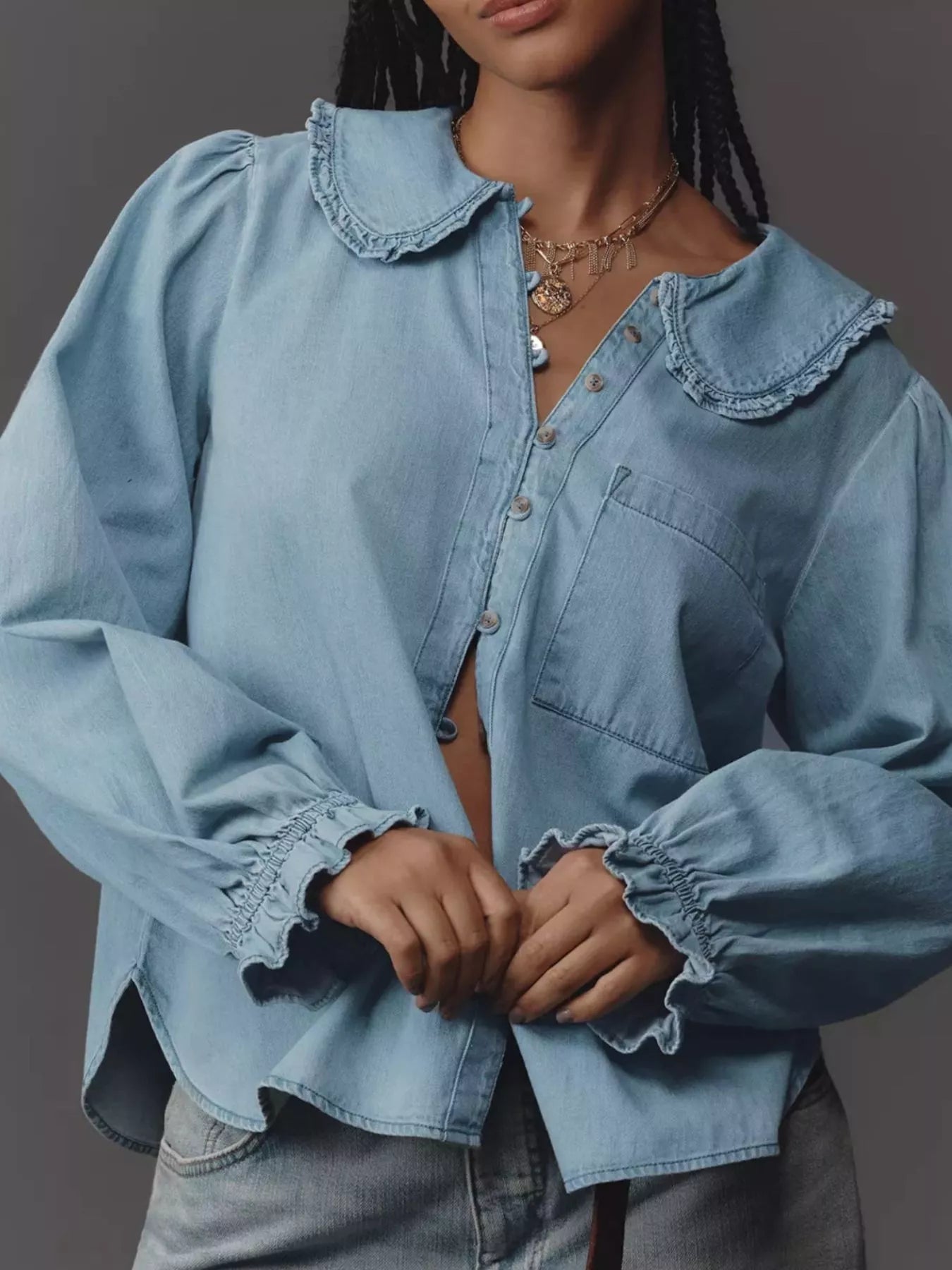 Peter Pan Collar Ruffled Denim Shirt 
