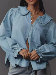 Peter Pan Collar Ruffled Denim Shirt 