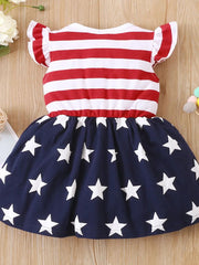 Striped & Stars Ruffled Round Neck Cap Sleeve Dress 
