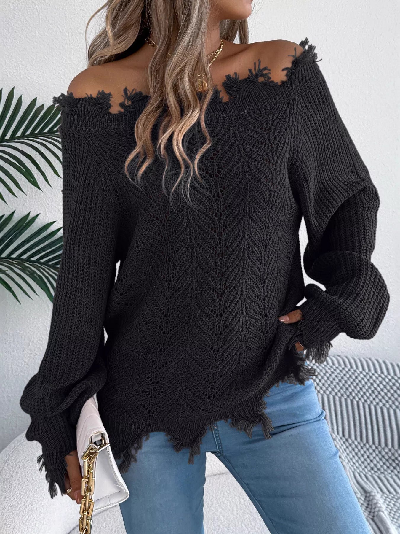 Distressed Hem Openwork Off-Shoulder Sweater 