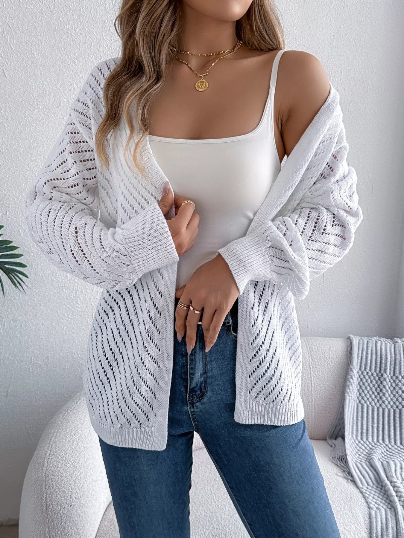 Openwork Open-Front Long Sleeve Cardigan 