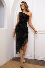 Sequin Asymmetrical Fringe Hem One-Shoulder Dress 