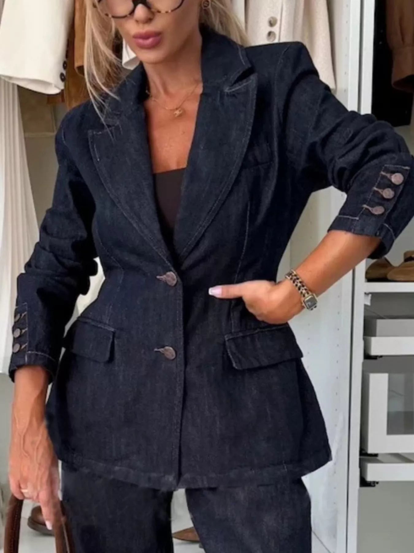 Single-Breasted Washed Denim Blazer 