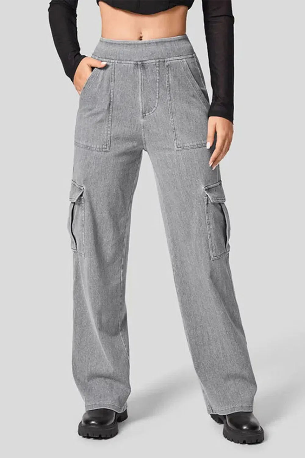 High Waist Straight Leg Cargo Jeans 