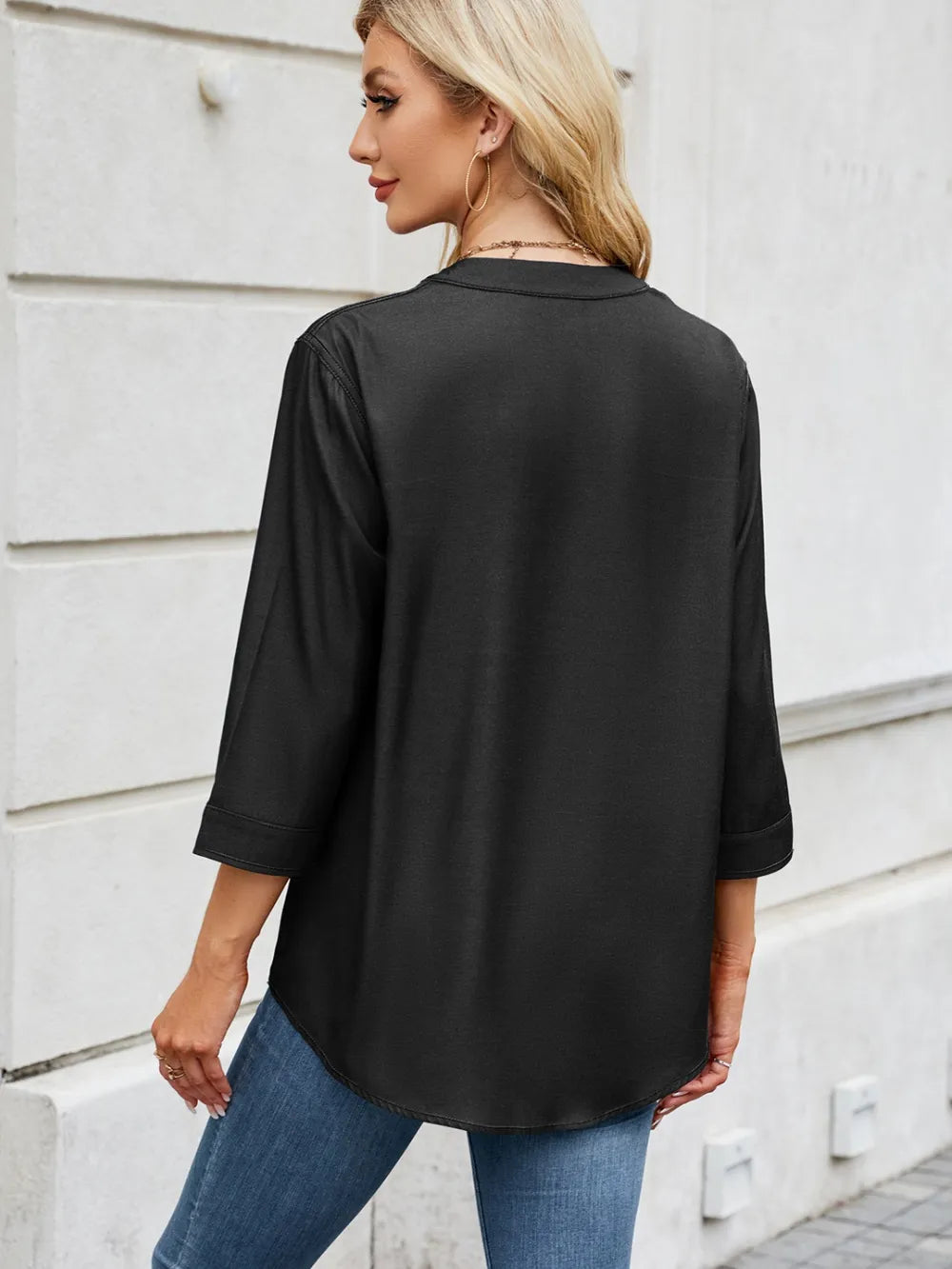 Notched Three-Quarter Sleeve Denim Top 