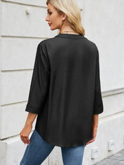 Notched Three-Quarter Sleeve Denim Top 