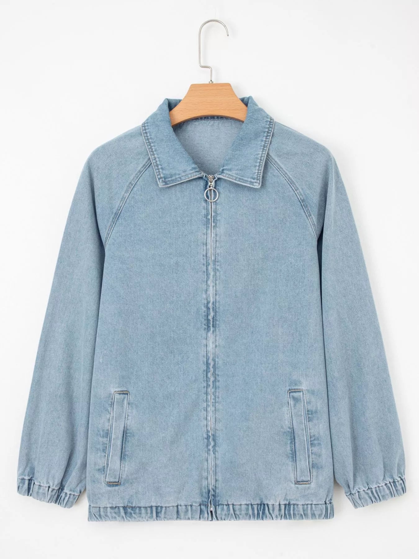 Elastic Edge Collared Zip Up Denim Jacket With Pocket 