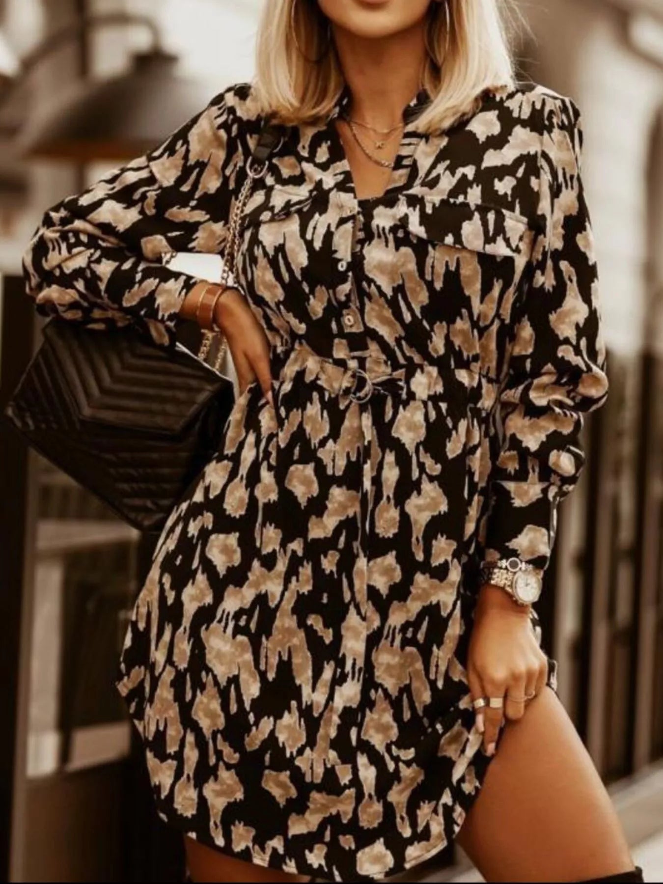 Printed Button Front Long Sleeve Dress 