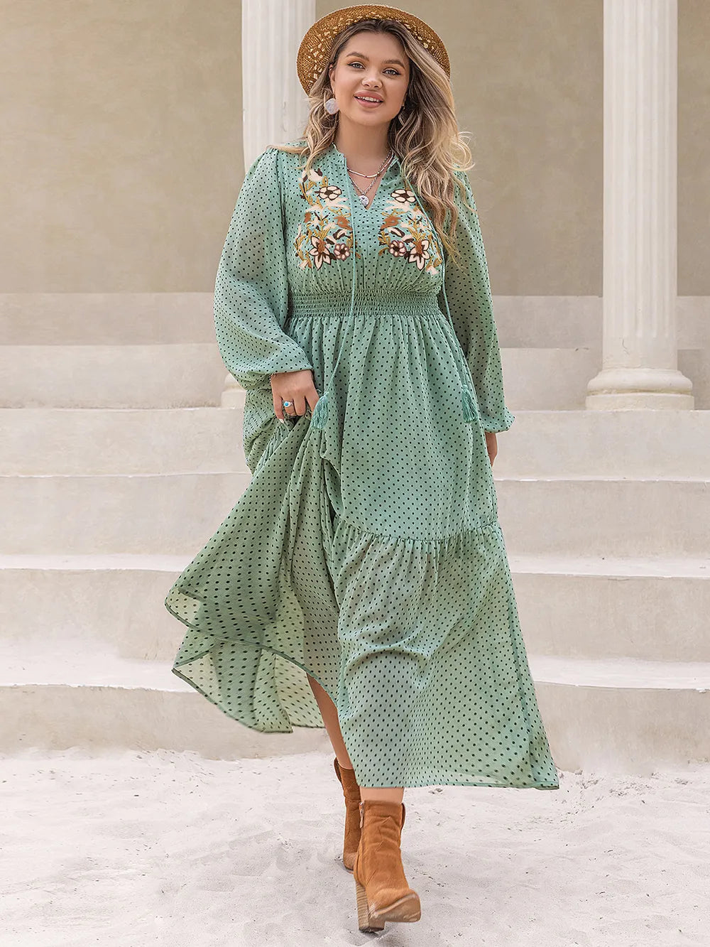 Plus Size Tassel Printed Tie Neck Long Sleeve Midi Dress 