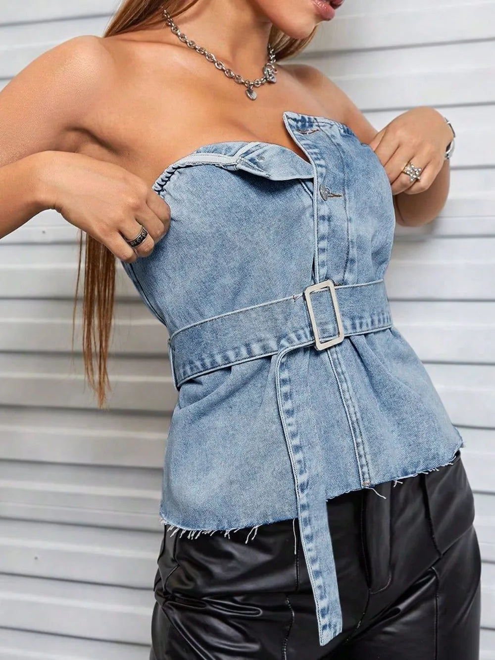 Frayed Hem Button Detail Tube Top 