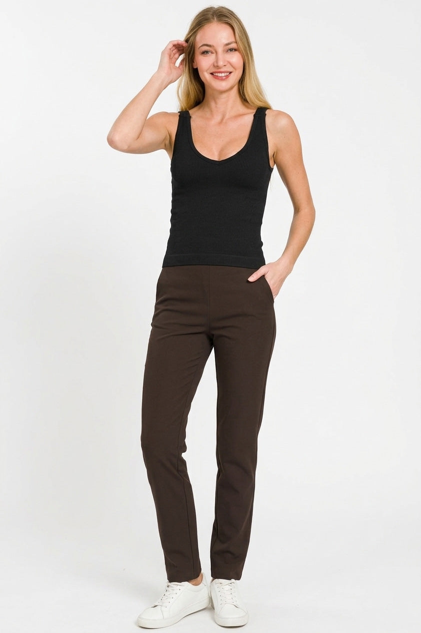 Zenana Ribbed Seamless Bra Padded V-neck Tank Top 