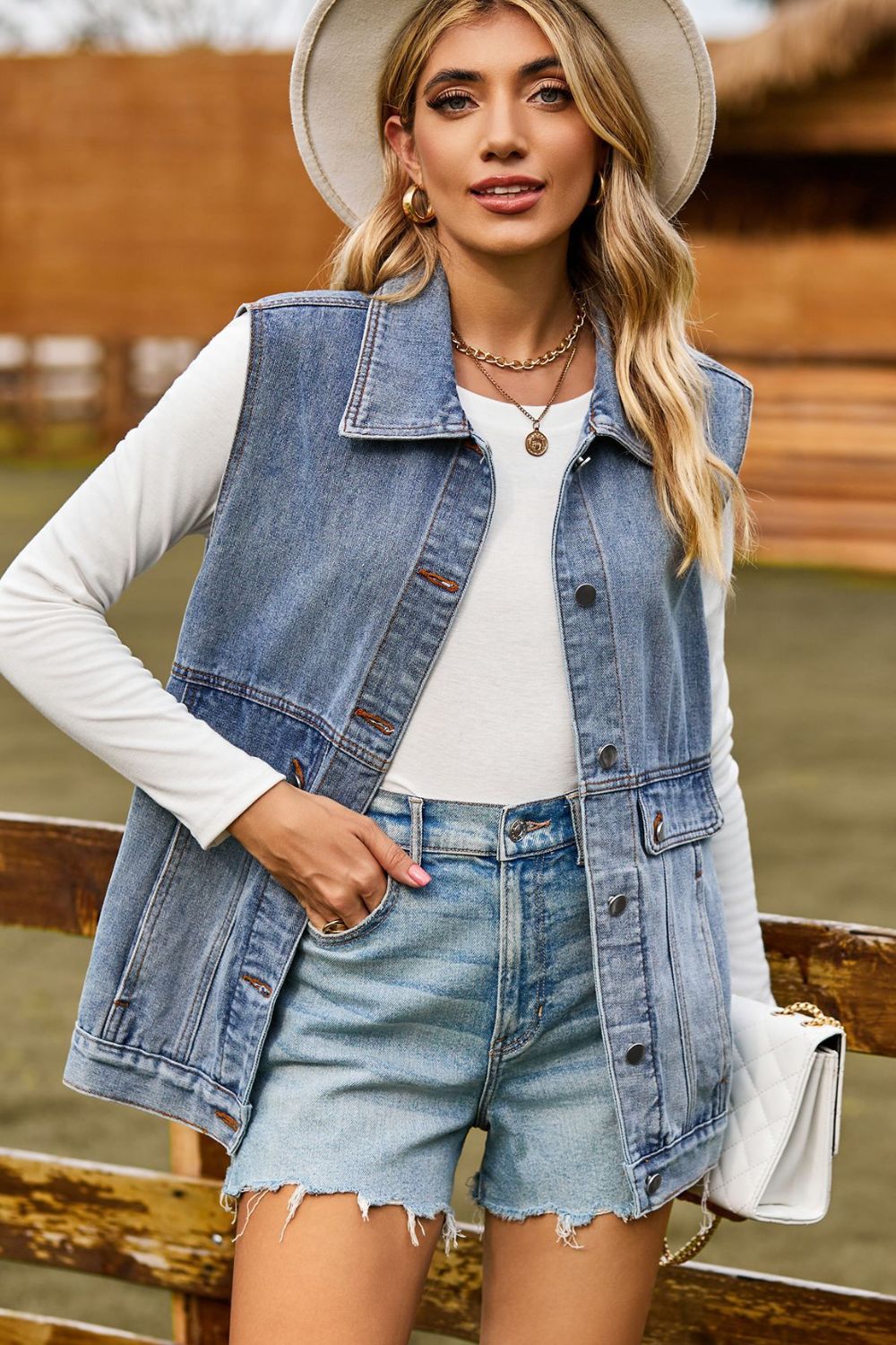 Sleeveless Collared Neck Denim Top with Pockets 