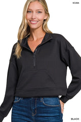 Zenana Scuba Half Zip Pullover With Kangaroo Pockets 